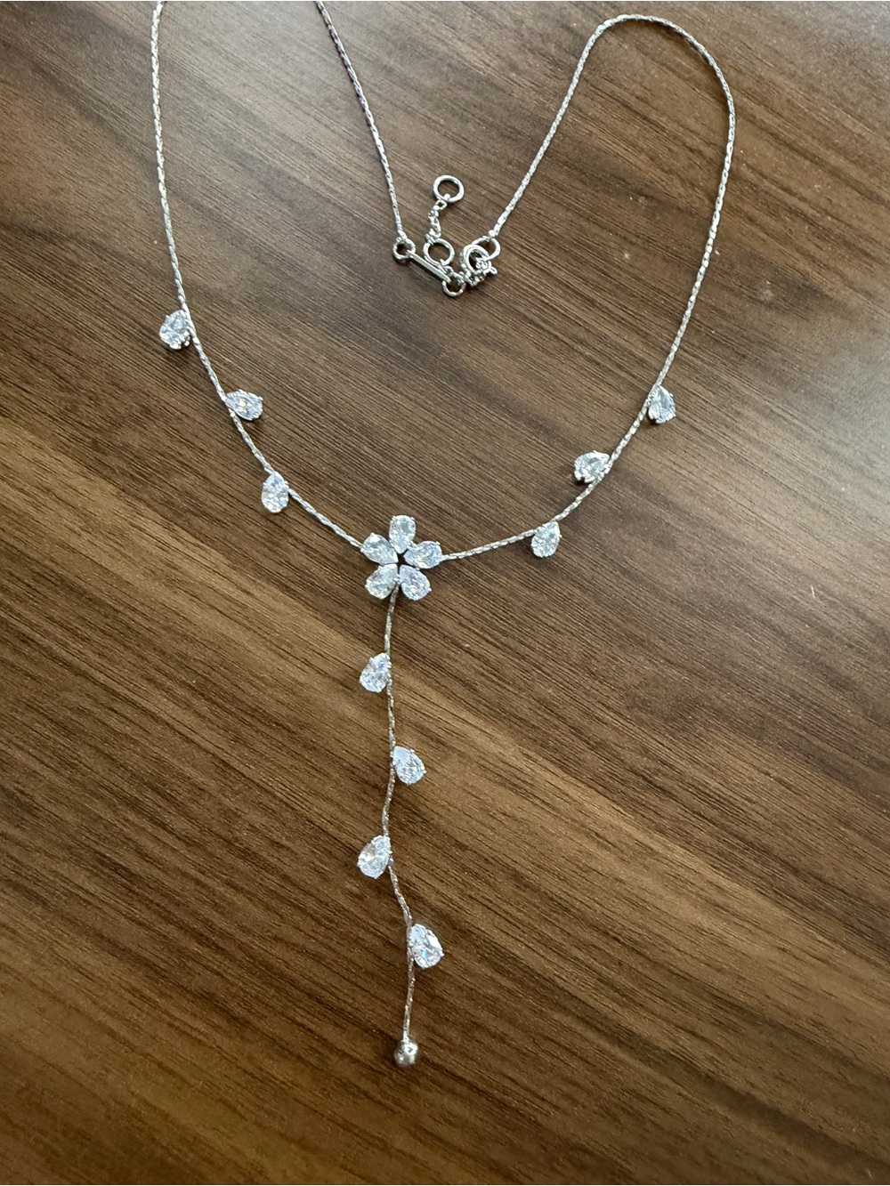Delicate Silver Flower Drop Necklace with Clear Stones